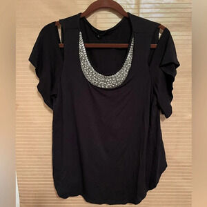 DESIGN WORKS~BLOUSE~COLD SHOULDER~ BLING~ LG